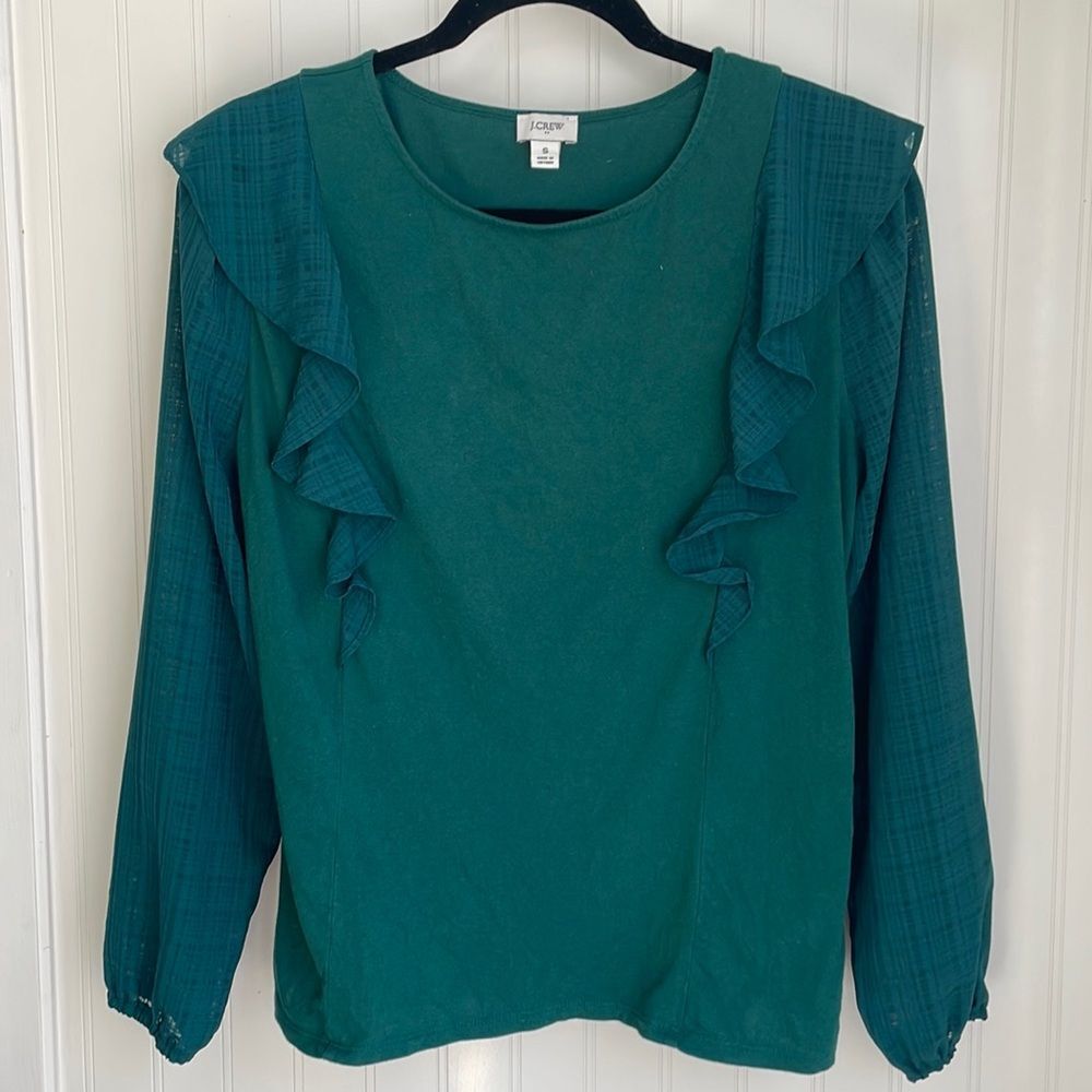 J. CREW Green Long Sleeve Blouse Ruffle-shoulder with plaid sheer sleeves size S - Picture 2 of 10